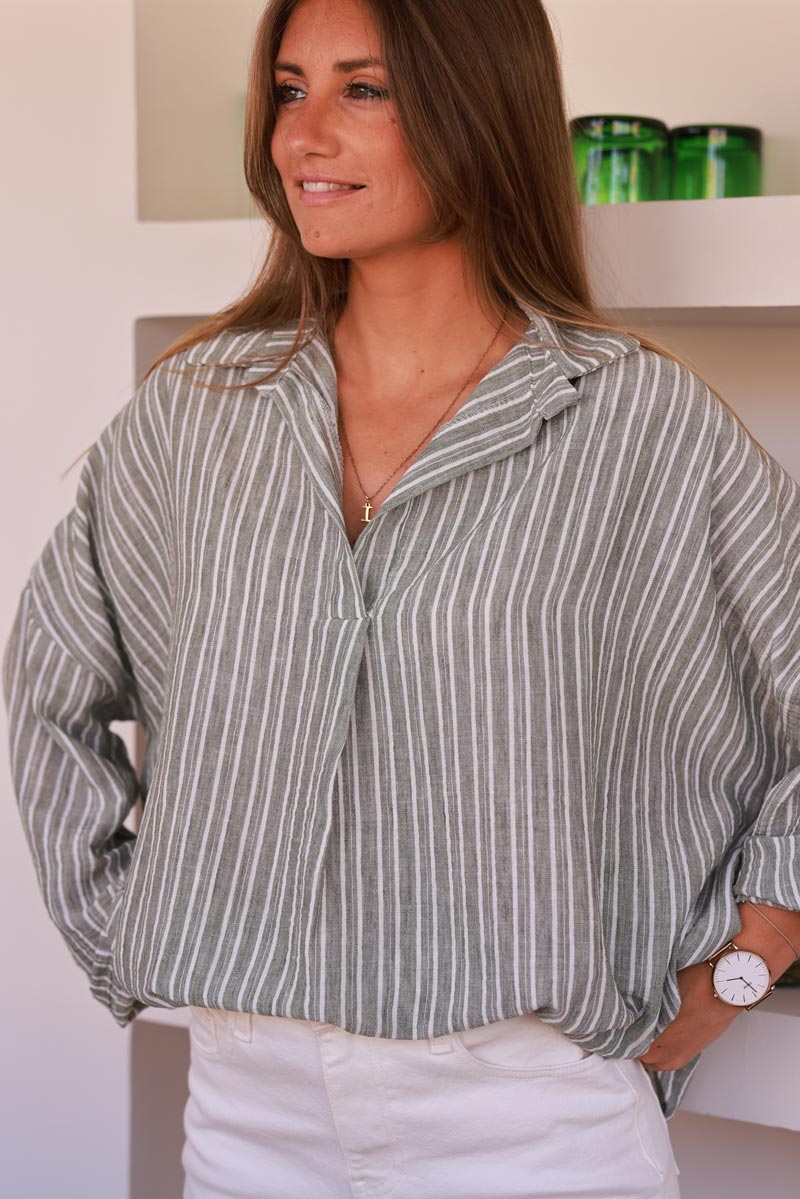 Tunique large kaki rayures blanches col chemise manches longues