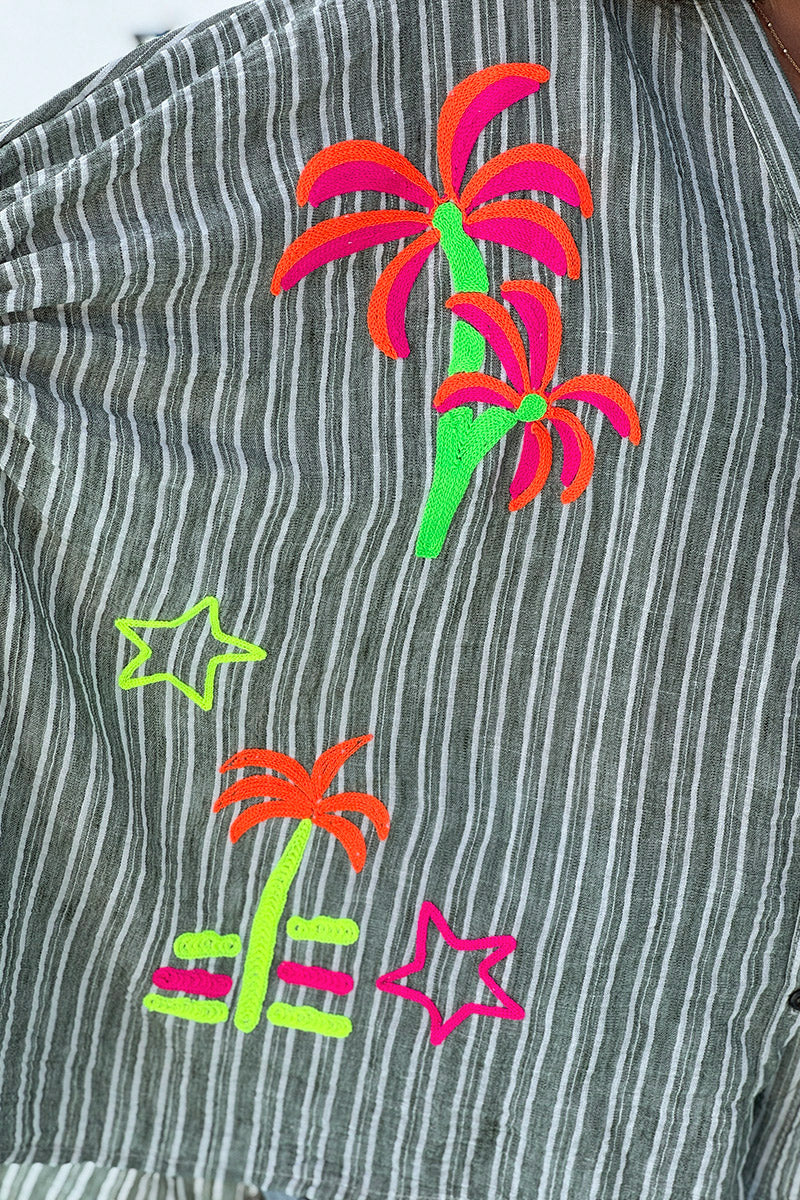 Olive Pinstripe Neon Applique Beach Blouse