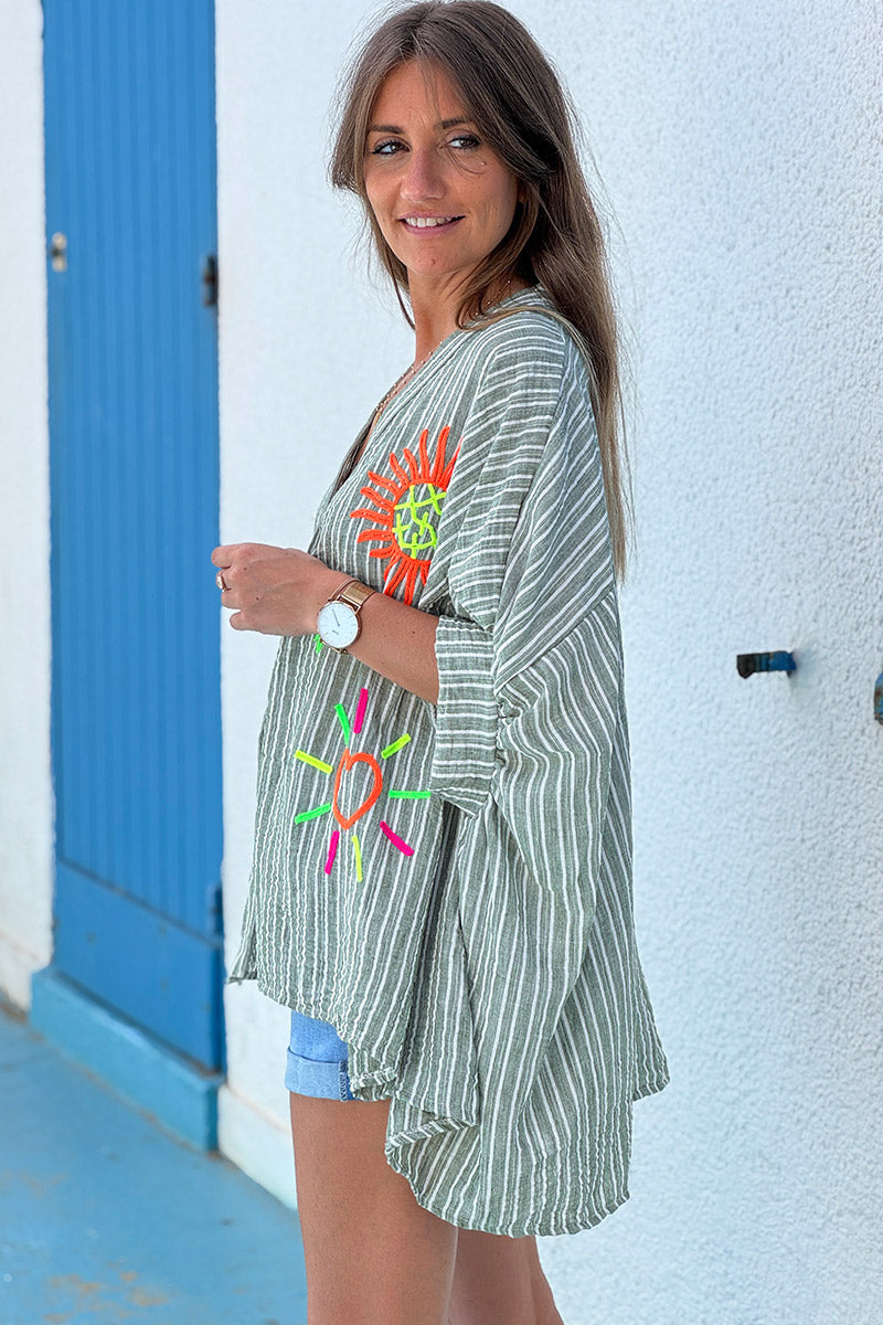 Olive Pinstripe Neon Applique Beach Blouse