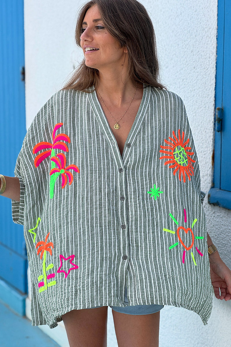 Olive Pinstripe Neon Applique Beach Blouse