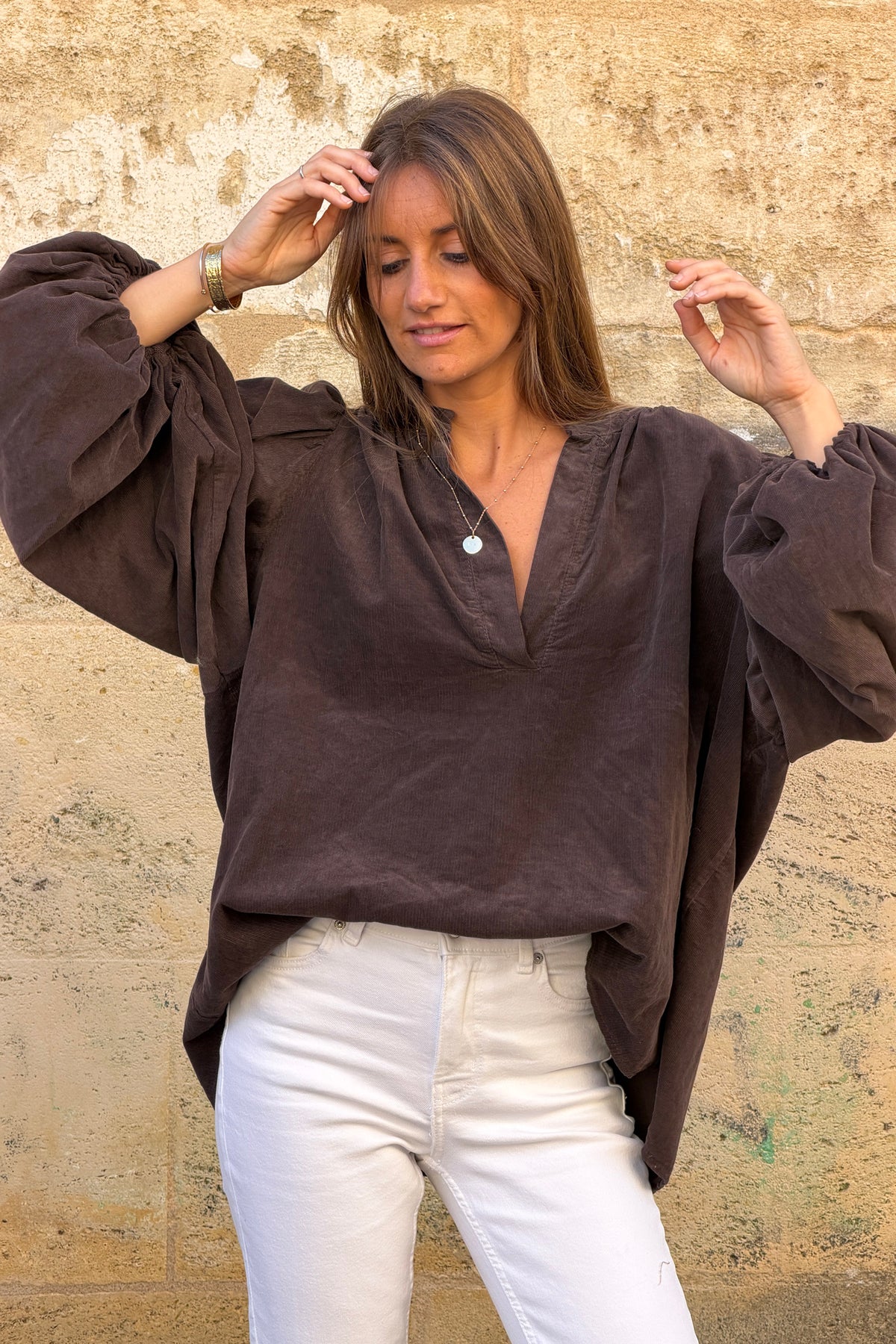 Brown Chocolate Corduroy Peasant Blouse