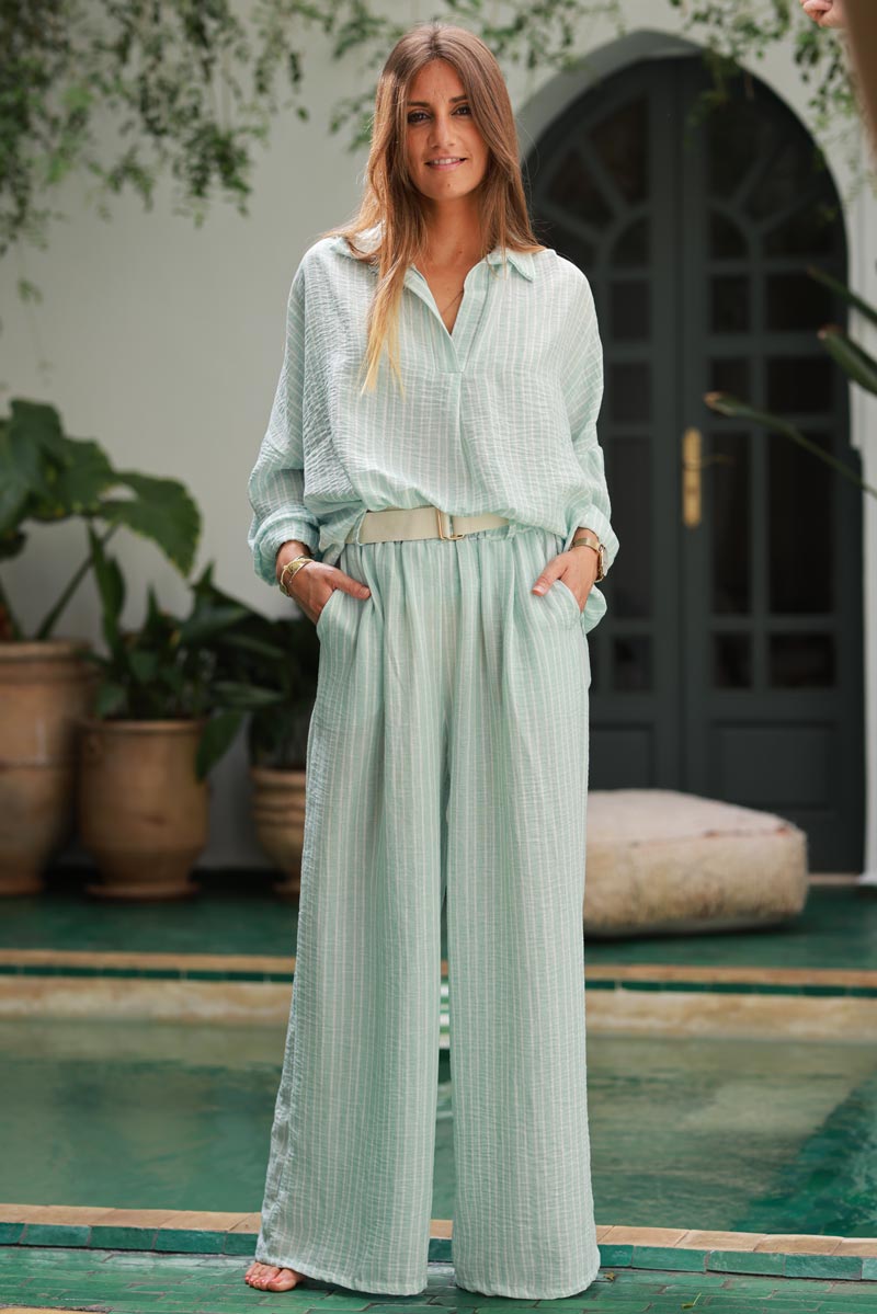 Water Green Pinstripe Woven Split Neck Tunic