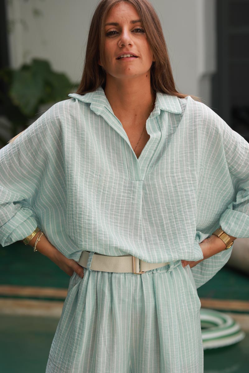 Water Green Pinstripe Woven Split Neck Tunic