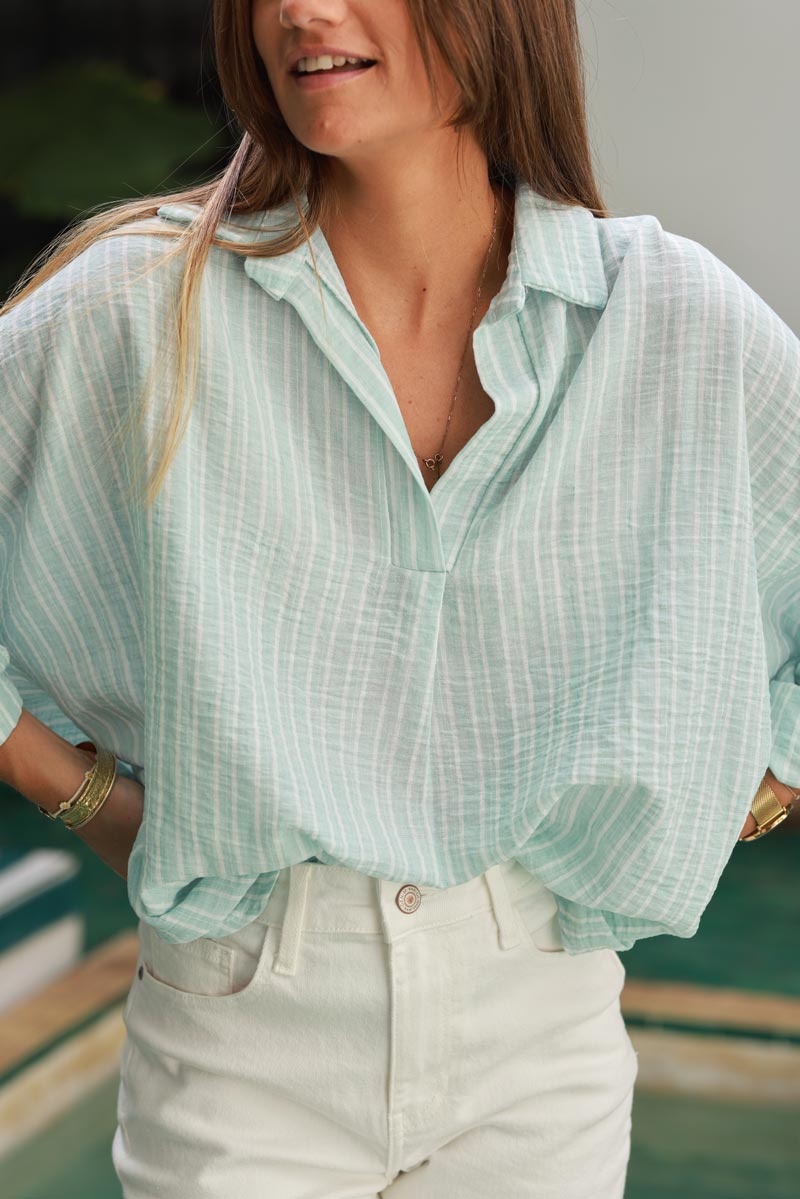 Water Green Pinstripe Woven Split Neck Tunic