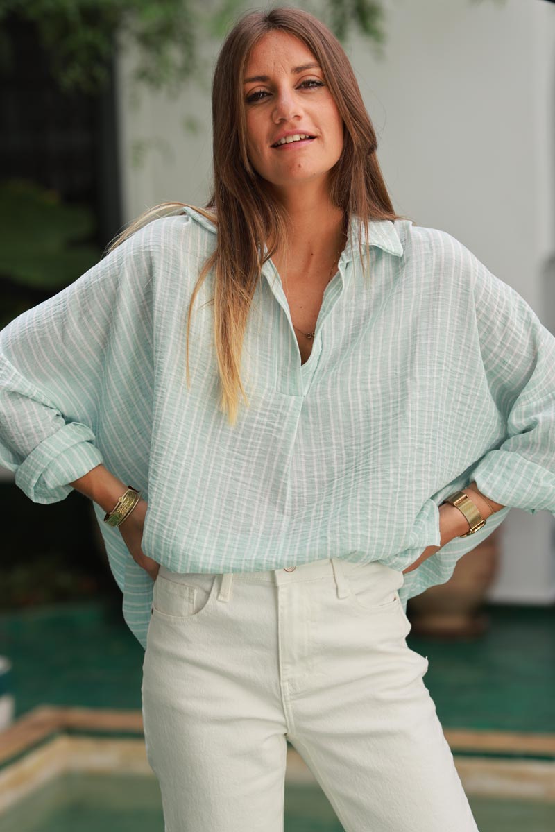 Water Green Pinstripe Woven Split Neck Tunic