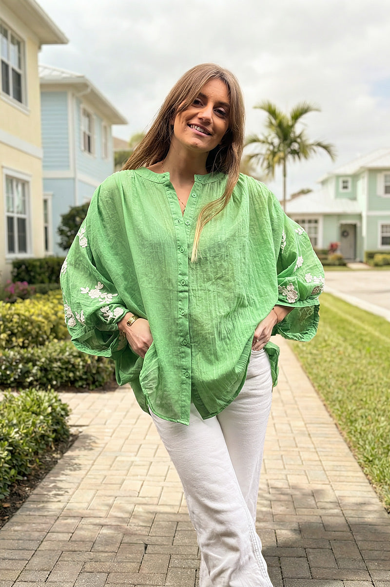 Green Floral Applique Cotton Blouson Top