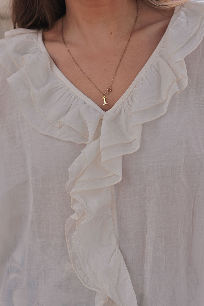 Tunique large voile de coton écru manches longues avec volant au col
