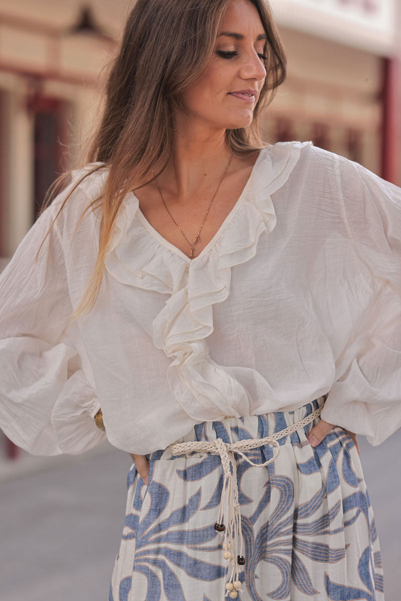 Tunique large voile de coton écru manches longues avec volant au col