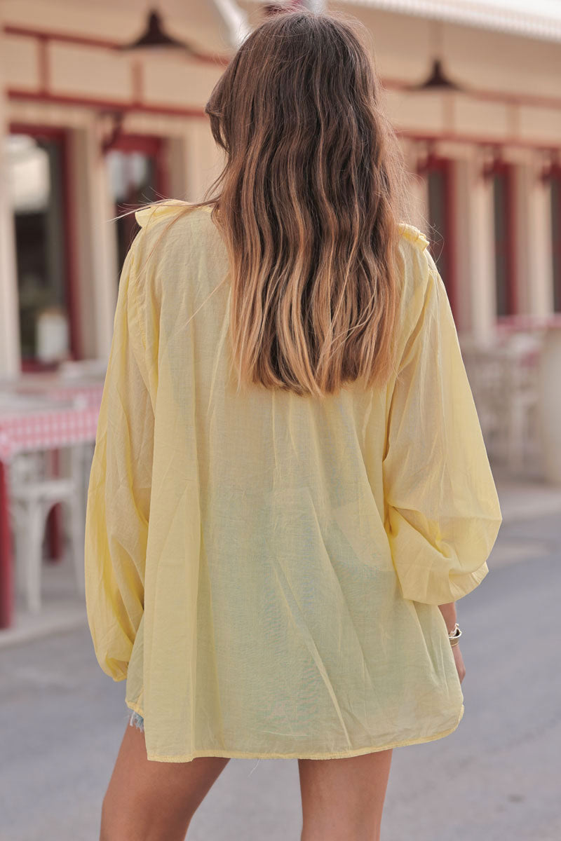 Tunique large voile de coton jaune manches longues avec volant au col