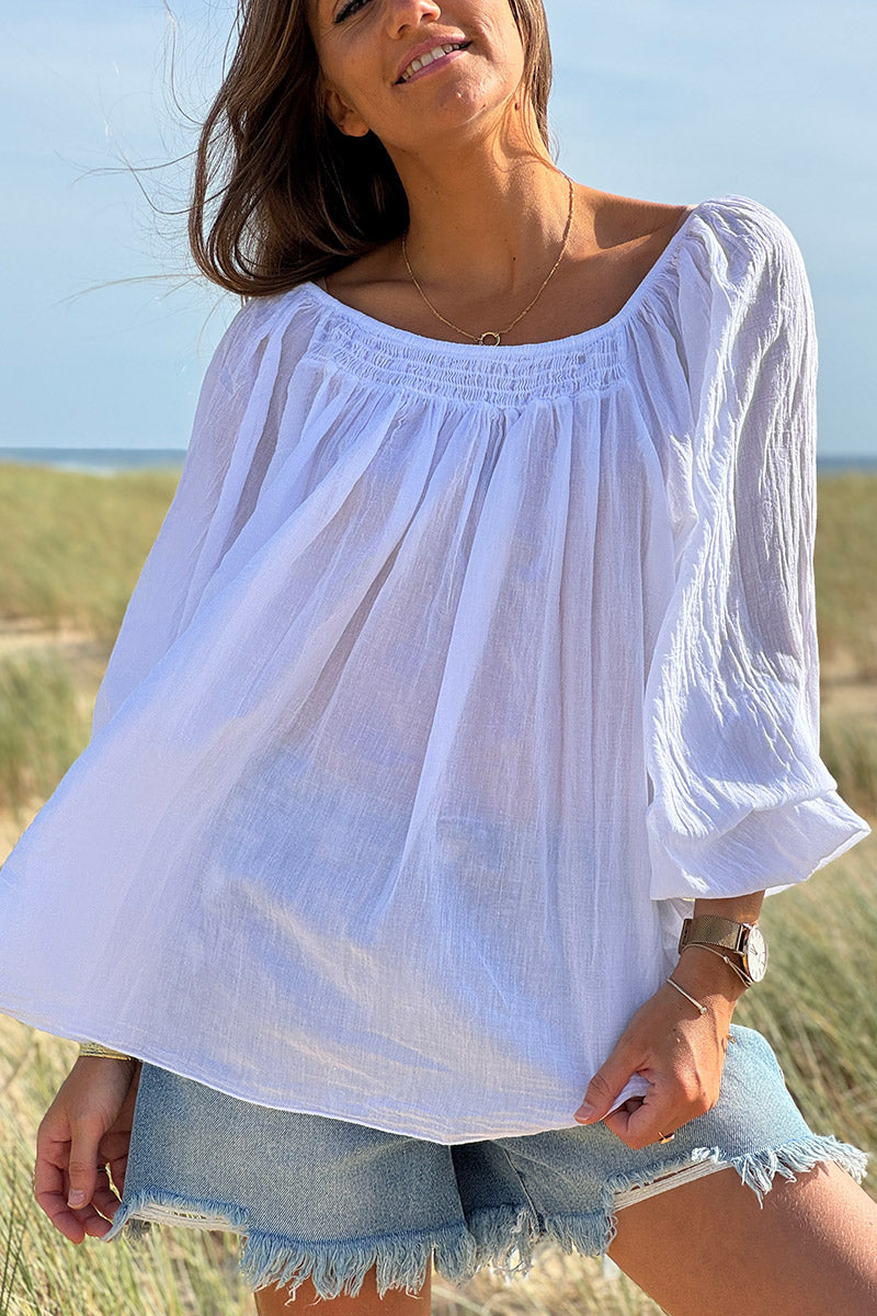 Tunique légère blanche en coton col élastique bardot