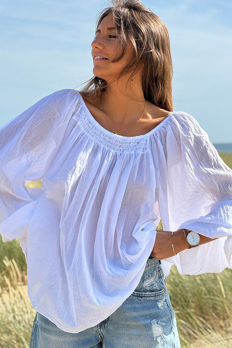 Tunique légère blanche en coton col élastique bardot