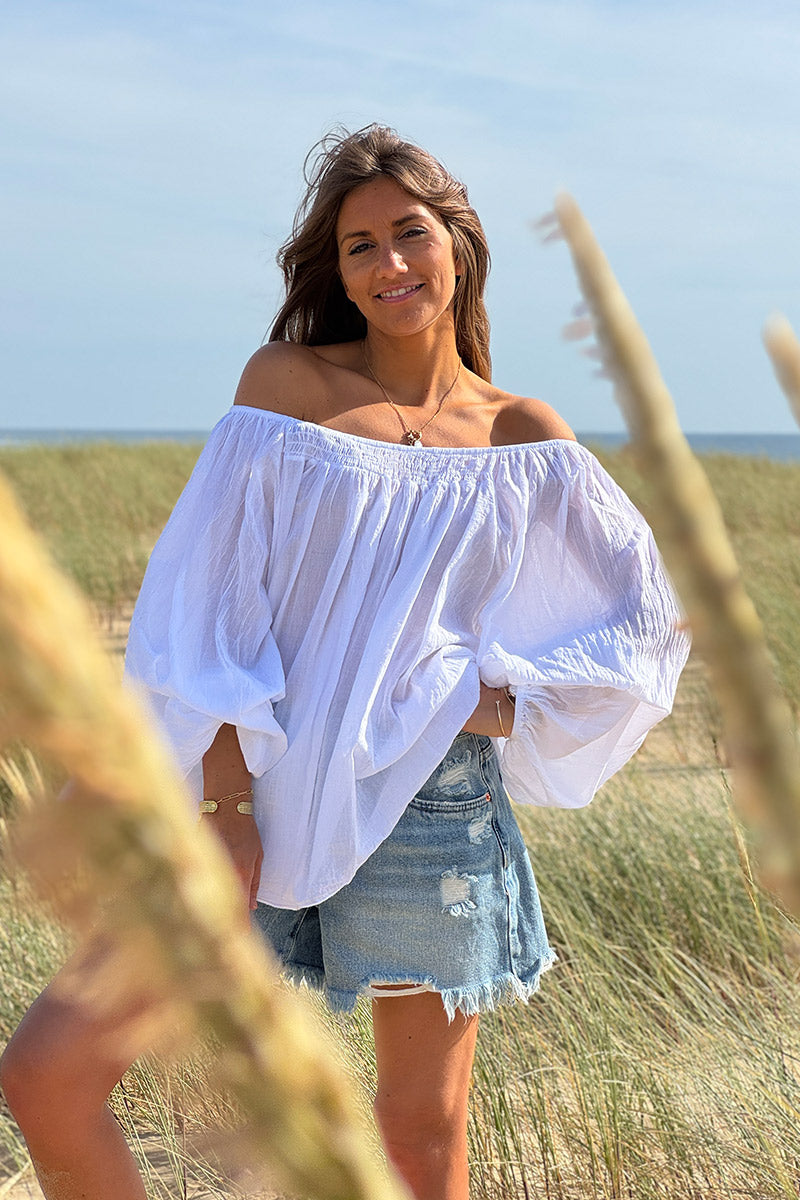 Tunique légère blanche en coton col élastique bardot