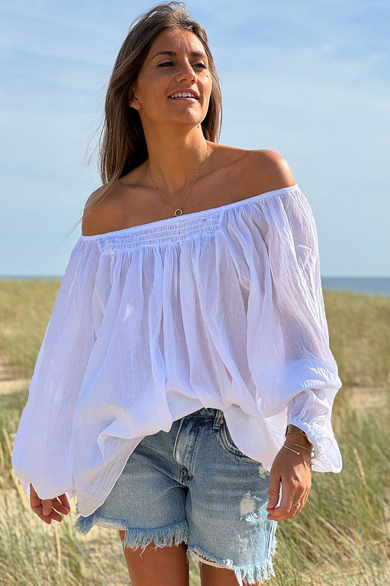 Tunique légère blanche en coton col élastique bardot