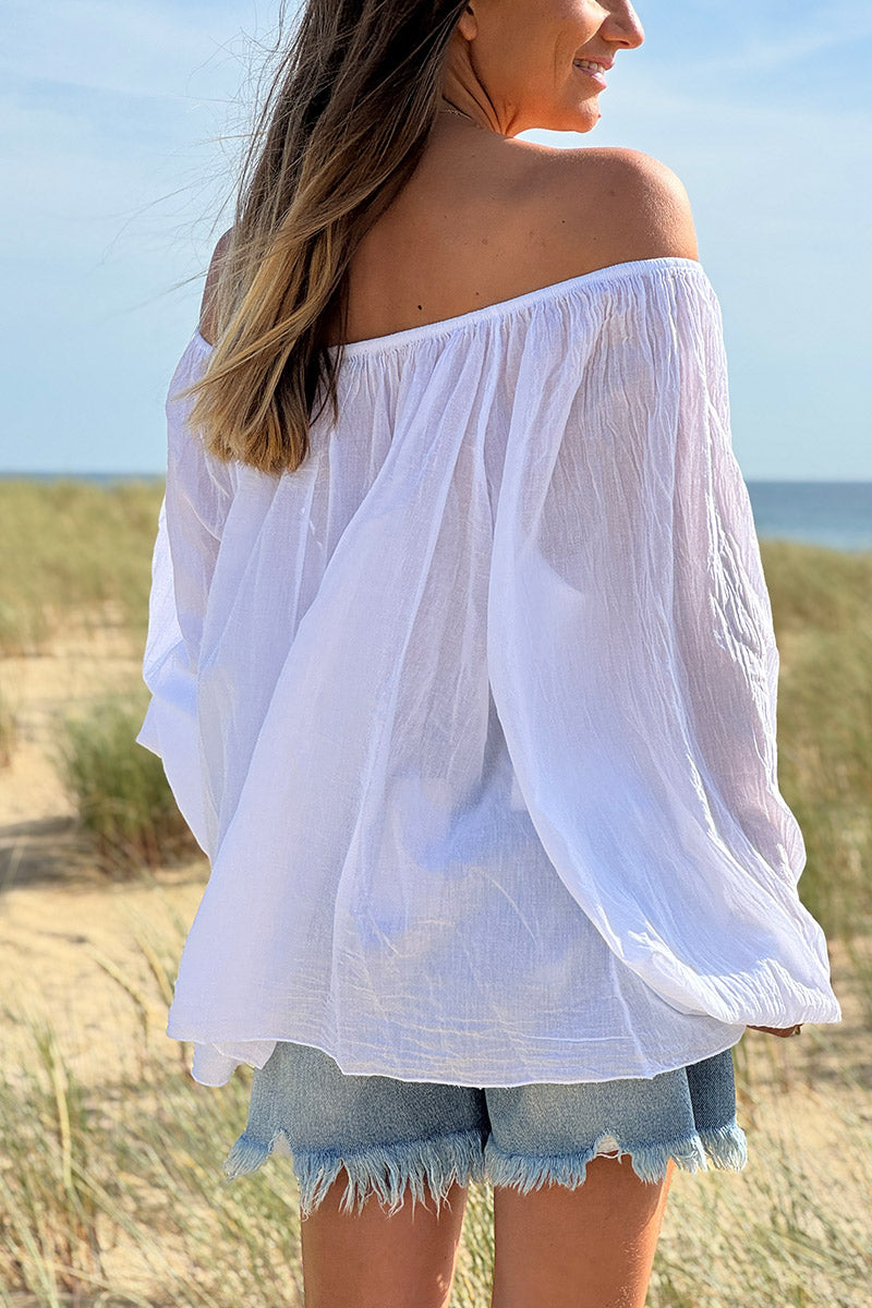 Tunique légère blanche en coton col élastique bardot