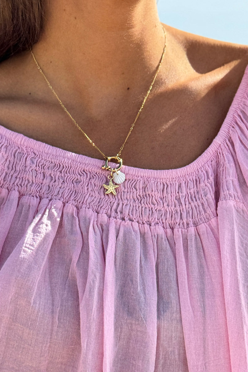 Tunique légère rose en coton col élastique bardot