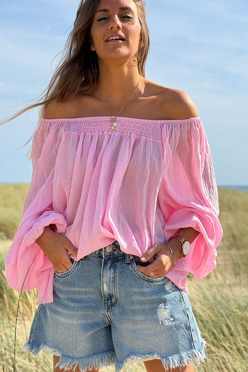 Tunique légère rose en coton col élastique bardot