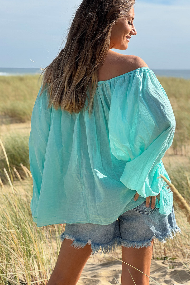 Tunique légère turquoise en coton col élastique bardot