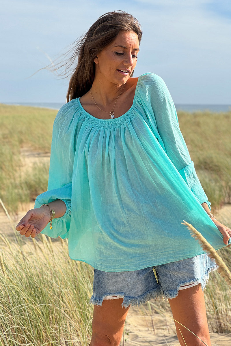 Tunique légère turquoise en coton col élastique bardot