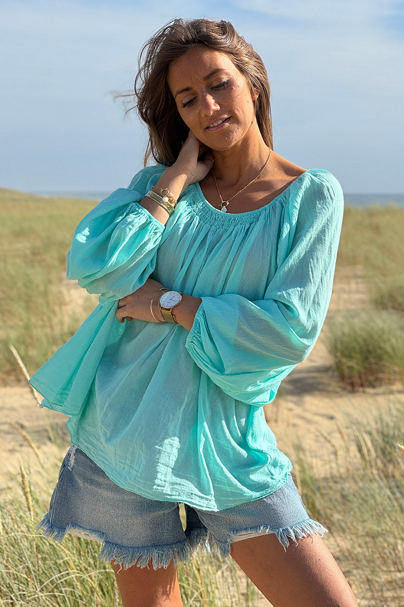 Tunique légère turquoise en coton col élastique bardot