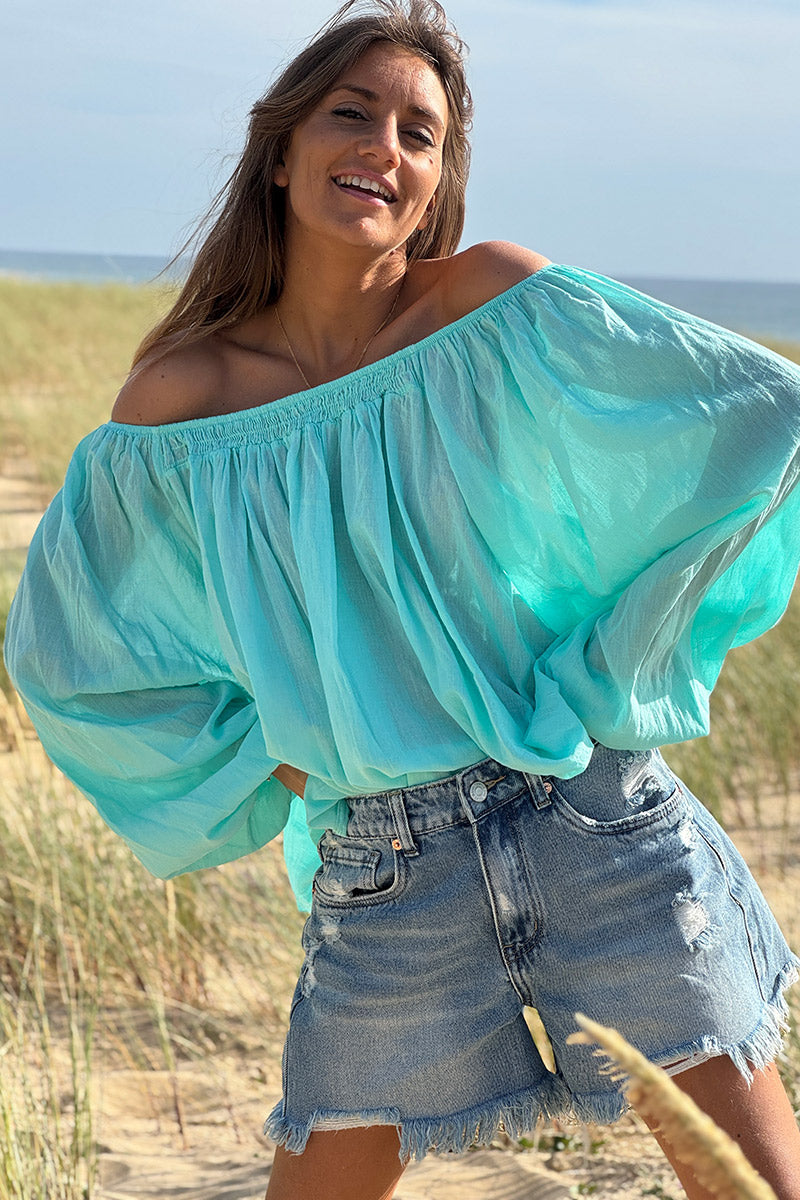Tunique légère turquoise en coton col élastique bardot