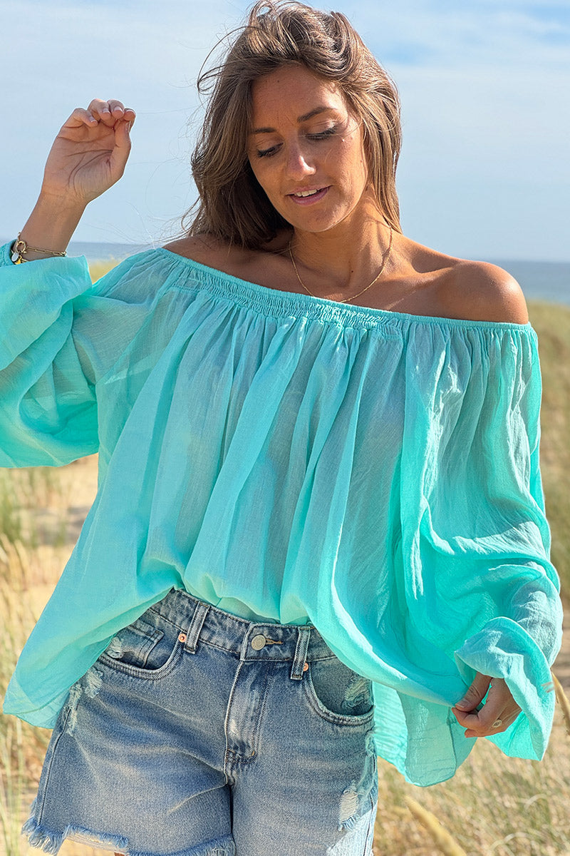 Tunique légère turquoise en coton col élastique bardot