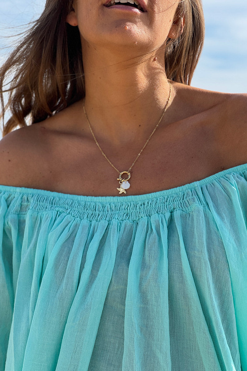 Tunique légère turquoise en coton col élastique bardot