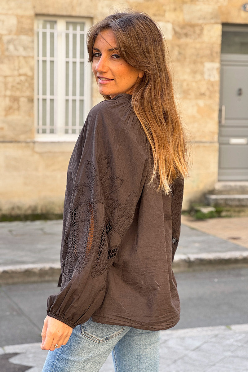 Chocolate Brown Lotus Sleeve Poplin Blouse