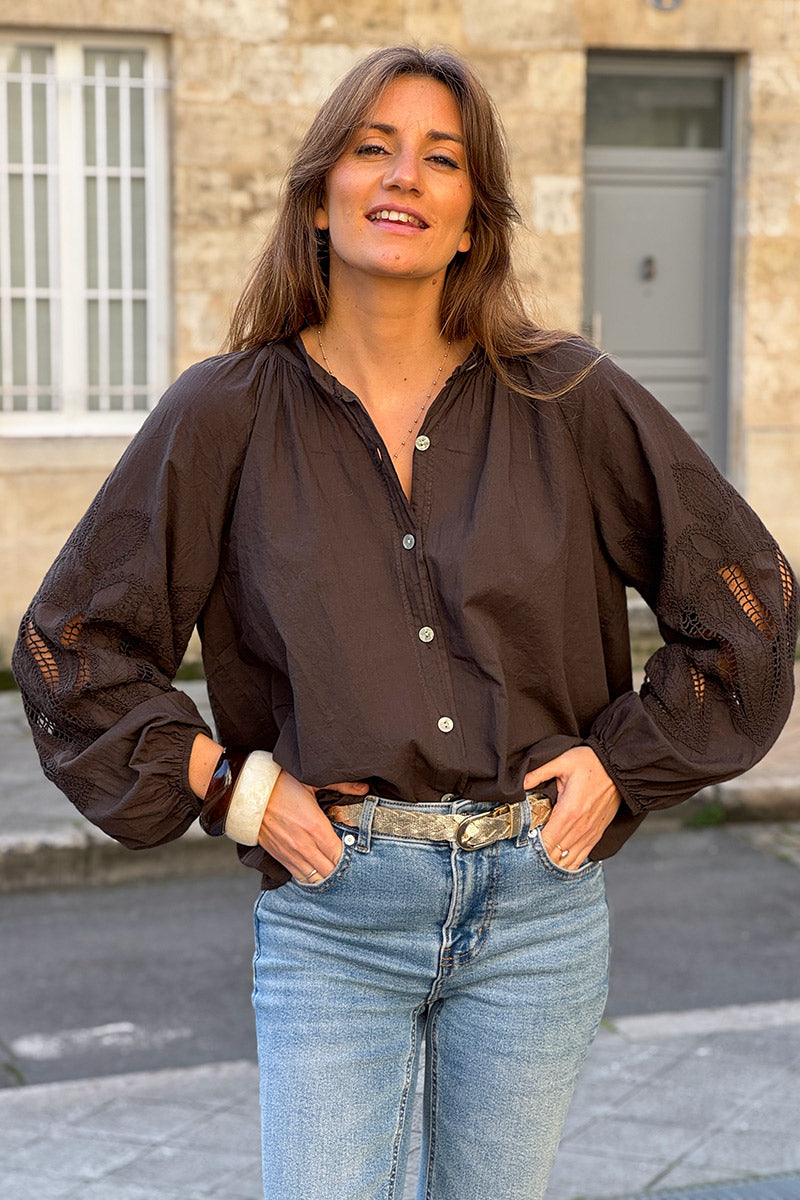 Chocolate Brown Lotus Sleeve Poplin Blouse