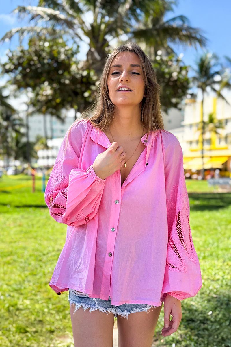 Fuchsia Lotus Sleeve Poplin Blouse