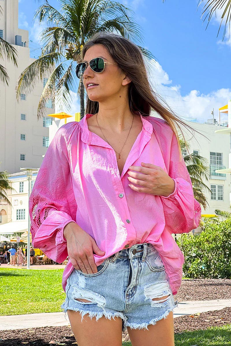 Fuchsia Lotus Sleeve Poplin Blouse