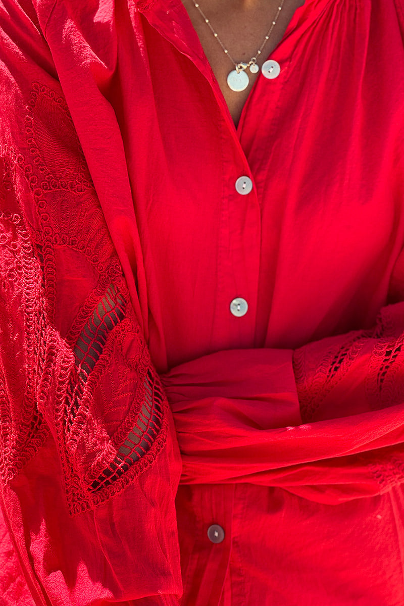Red Lotus Sleeve Poplin Blouse