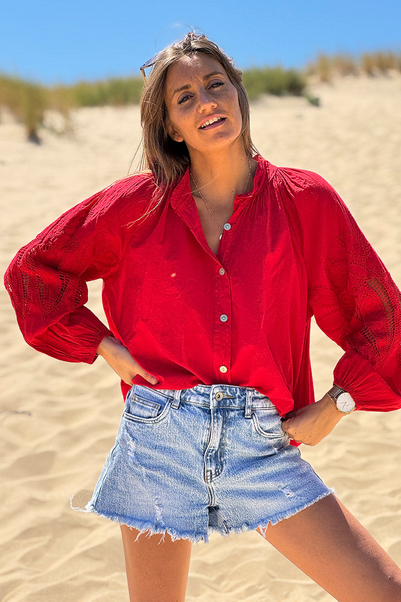 Red Lotus Sleeve Poplin Blouse