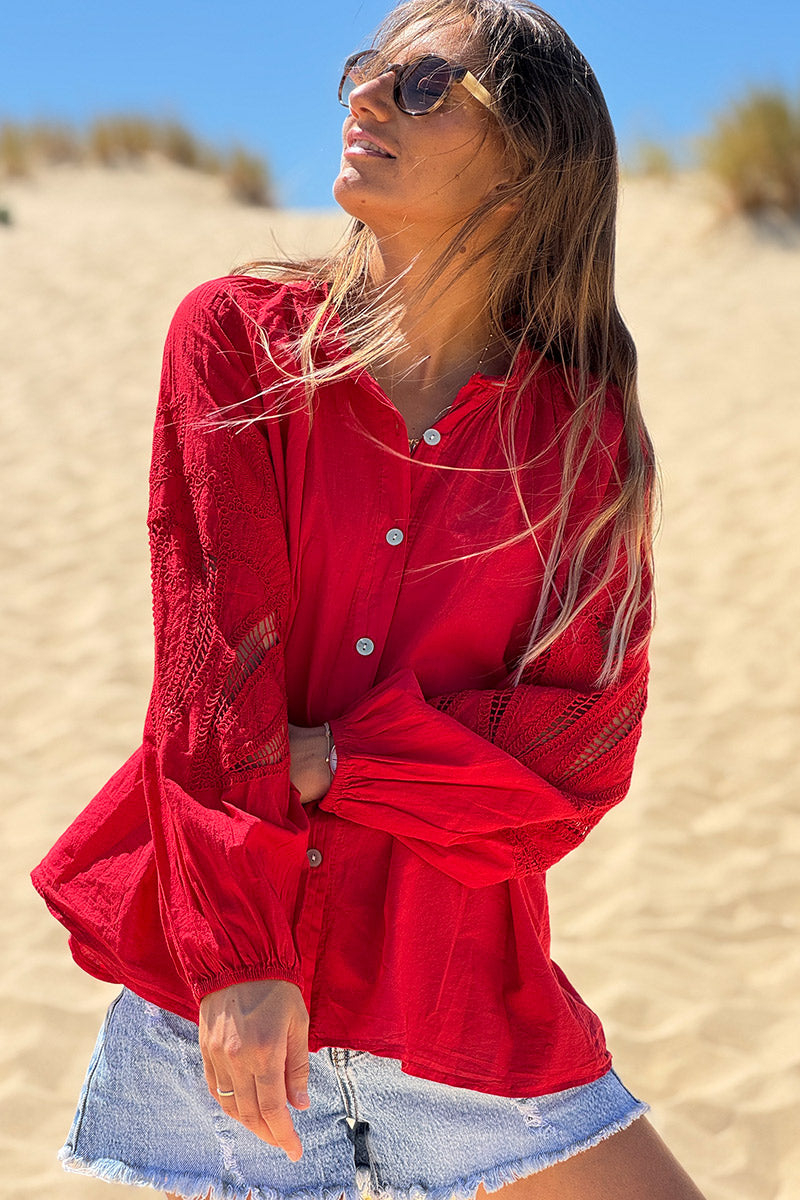 Red Lotus Sleeve Poplin Blouse