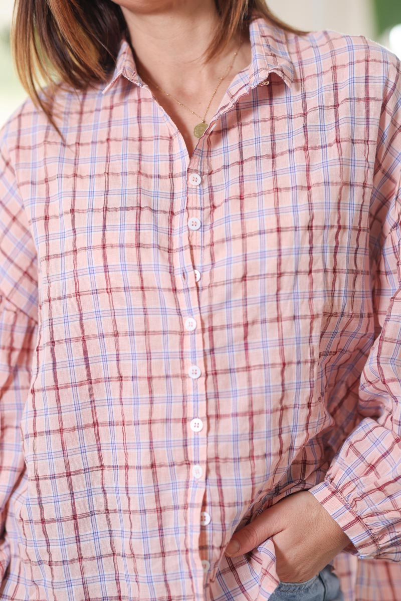 Chemise rose a carreaux en coton manches bouffantes g092 (1)