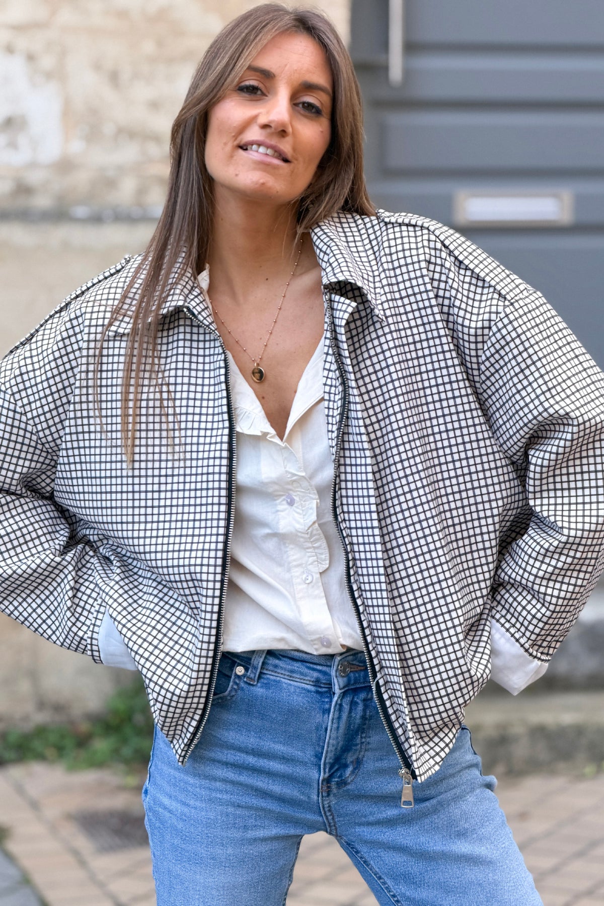 Cream Tattersall Plaid Twill Jacket