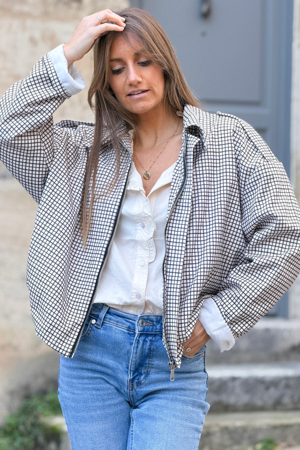 Cream Tattersall Plaid Twill Jacket