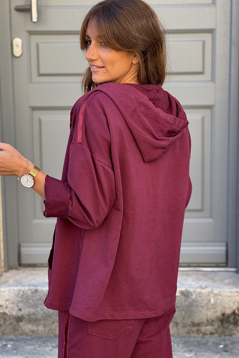 Burgundy Satin Stripe Stretch Knit Zip Hoodie