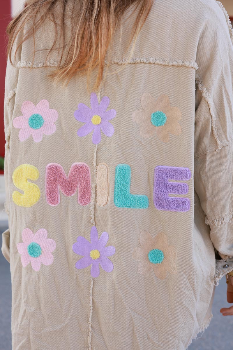 Light Beige denim jacket with 'smile' and flower embroidery