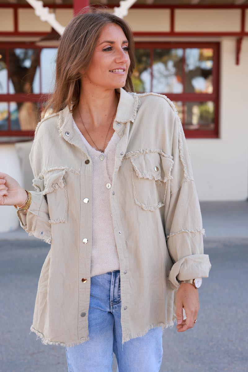 Light Beige denim jacket with 'smile' and flower embroidery