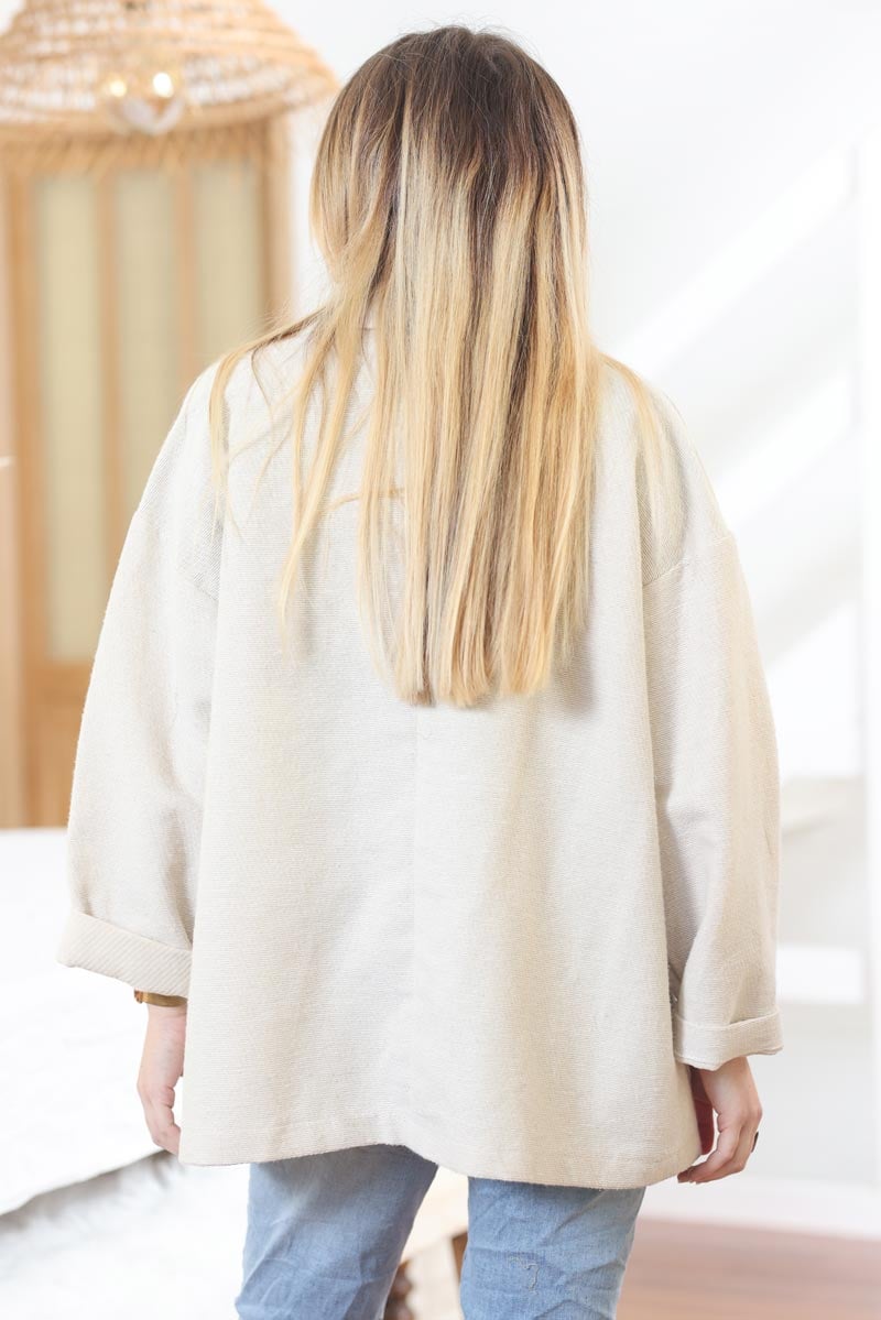 Veste beige oversize en coton tisse bouton nacre g004 (1)