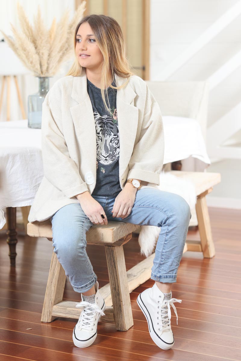 Veste beige oversize en coton tisse bouton nacre g004 (1)