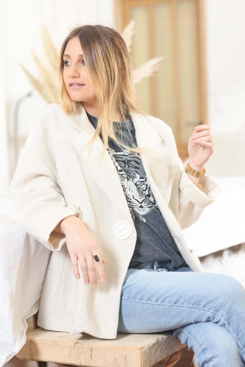 Veste beige oversize en coton tisse bouton nacre g004 (1)