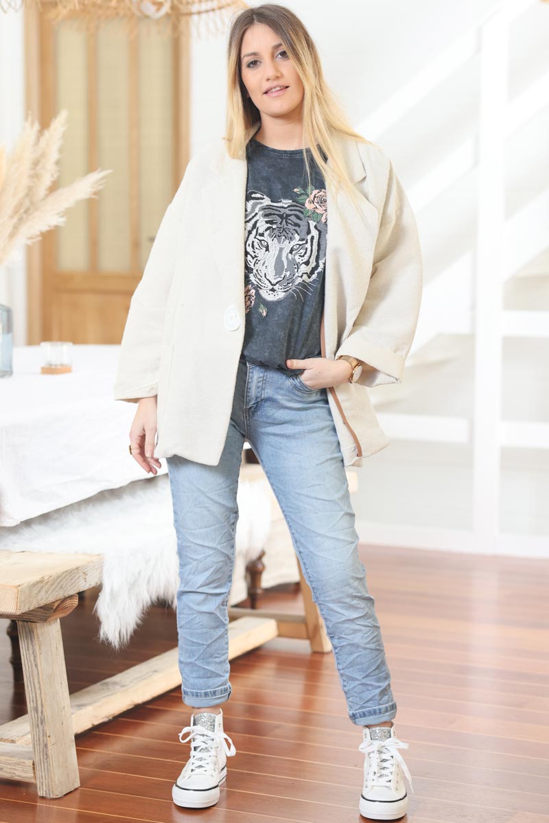 Veste beige oversize en coton tisse bouton nacre g004 (1)