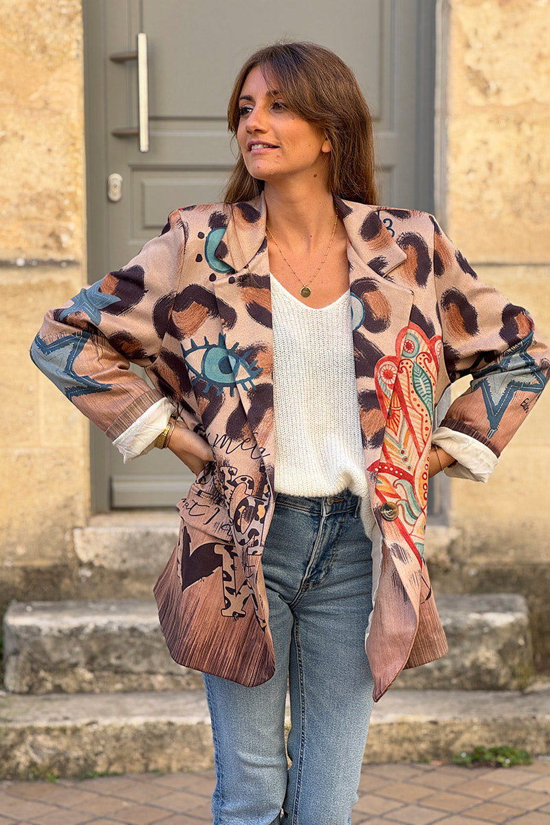 Veste blazer en suédine souple imprimé léopard et œil