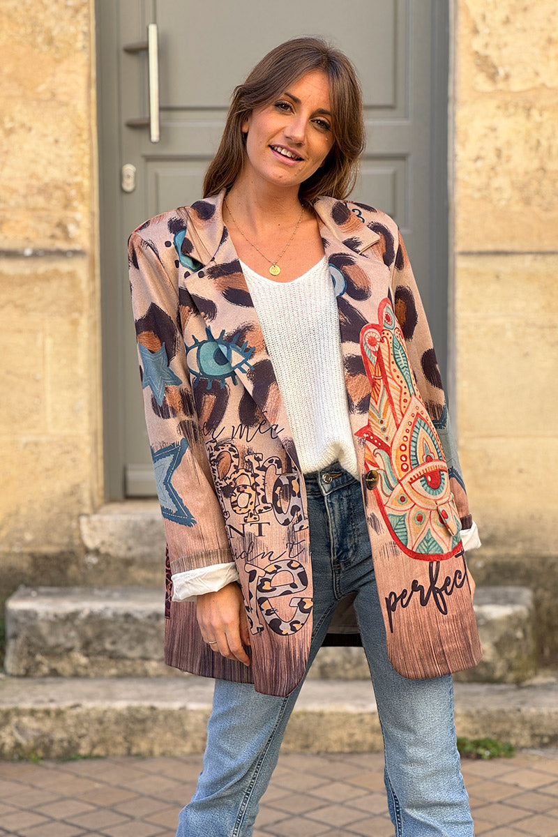 Veste blazer en suédine souple imprimé léopard et œil
