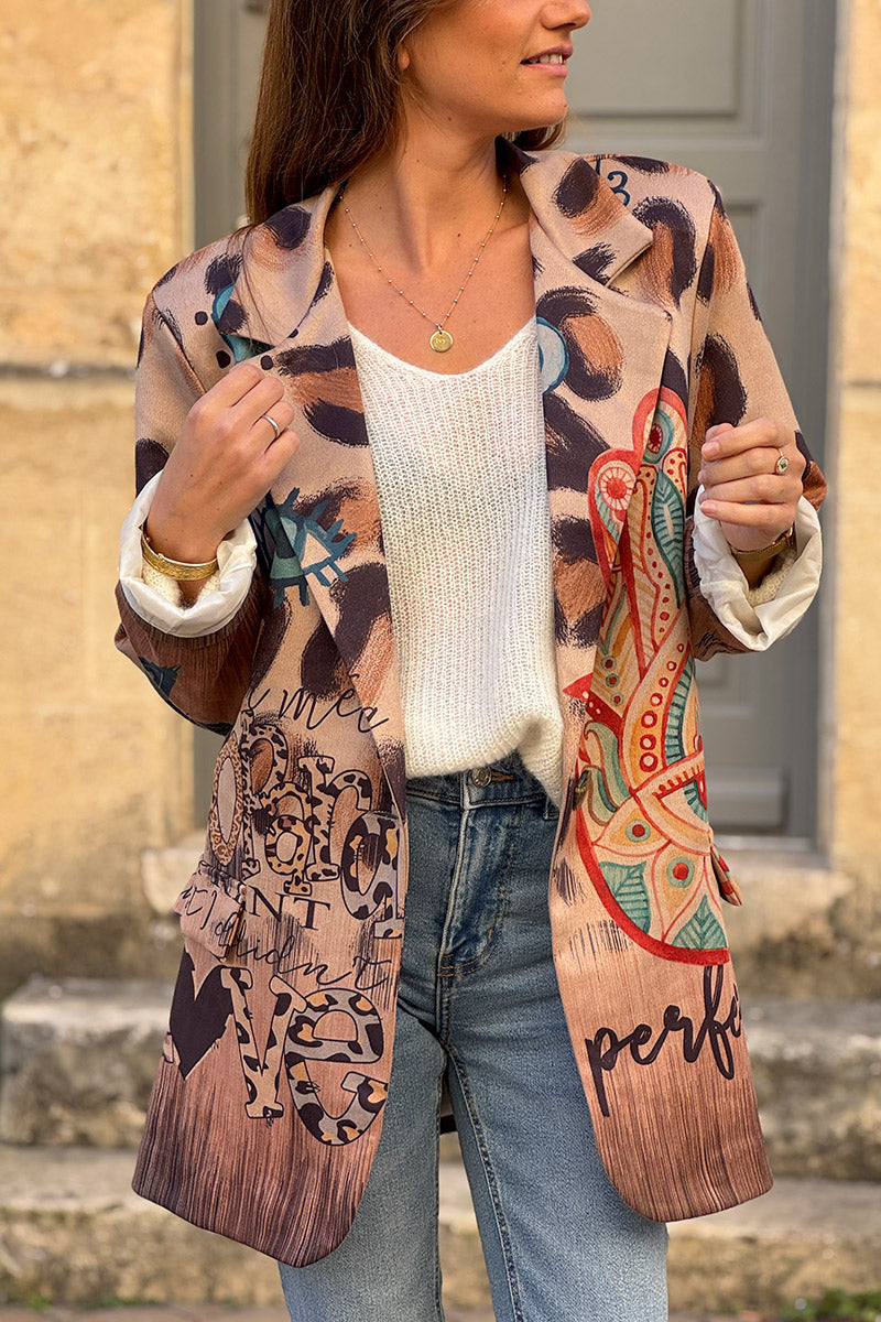 Veste blazer en suédine souple imprimé léopard et œil