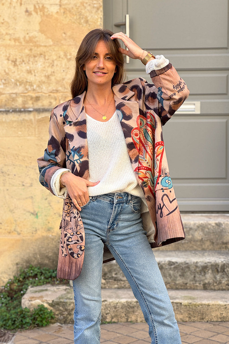 Veste blazer en suédine souple imprimé léopard et œil