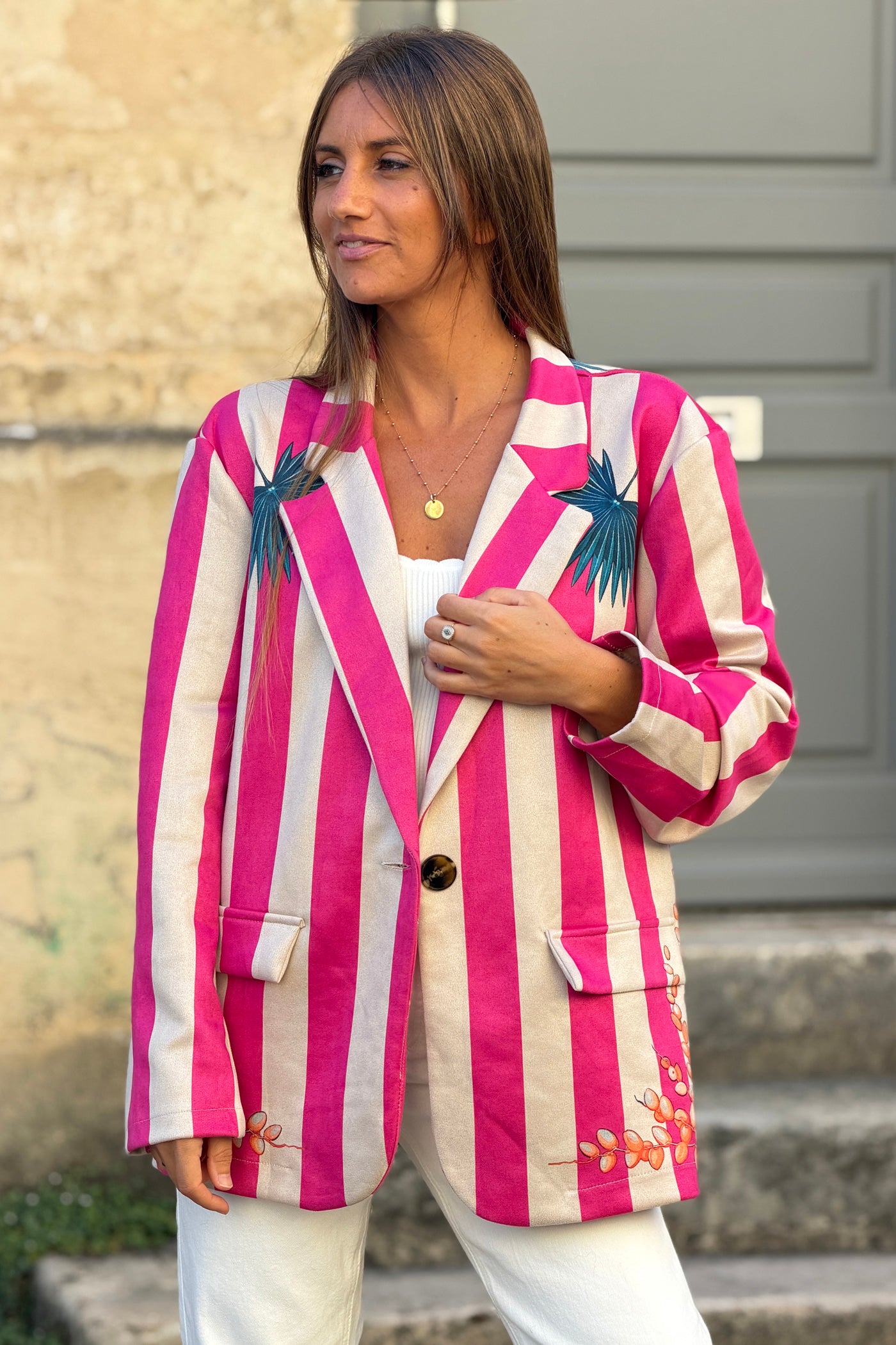 Veste blazer souple en suédine rayures fuchsia imprimé oiseaux abstraits colorés