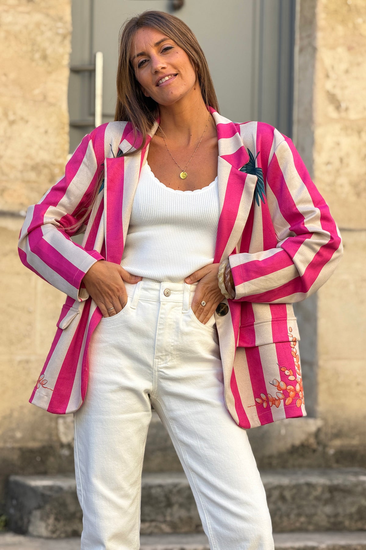 Veste blazer souple en suédine rayures fuchsia imprimé oiseaux abstraits colorés