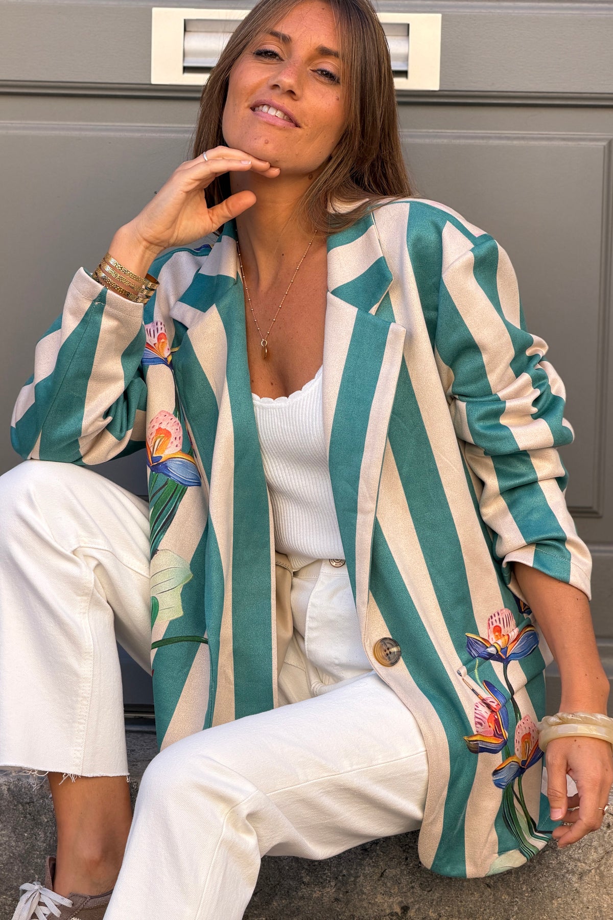 Veste blazer souple en suédine rayures turquoises imprimé fleurs et léopard